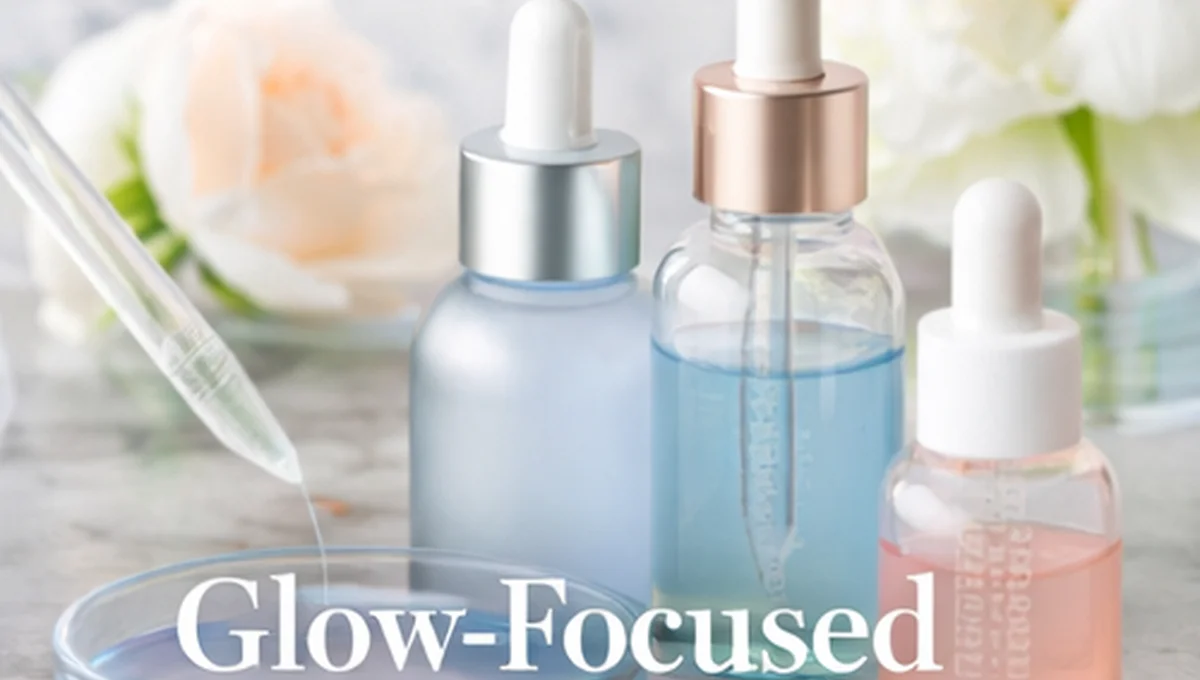 Three dropper bottles filled with skincare serums in blue and pink placed on a marble surface, surrounded by delicate flowers.